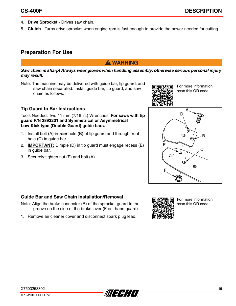 Cs-400f description, Preparation for use | Echo CS-400F User Manual | Page 15 / 44