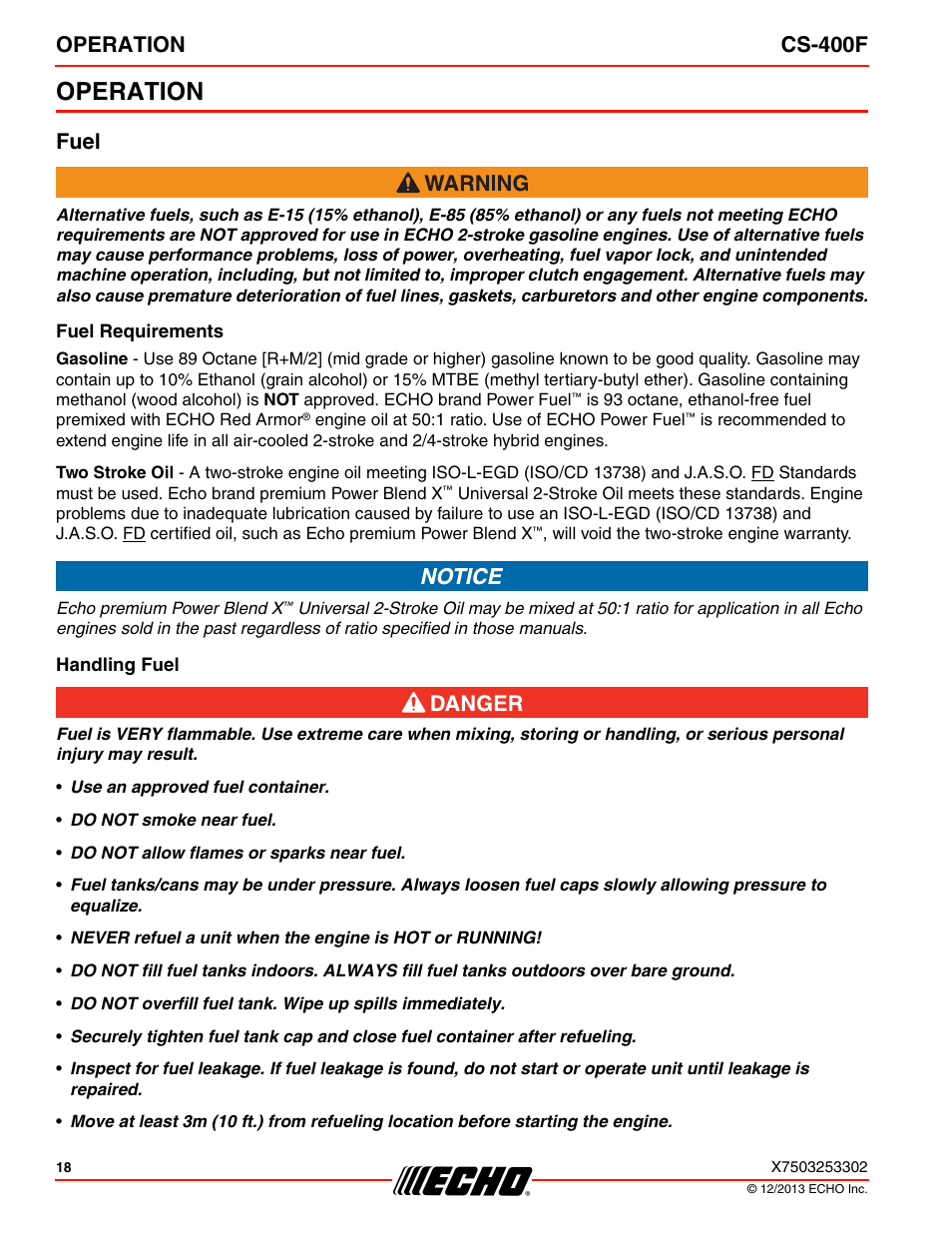 Operation, Operation cs-400f, Fuel | Echo CS-400F User Manual | Page 18 / 44