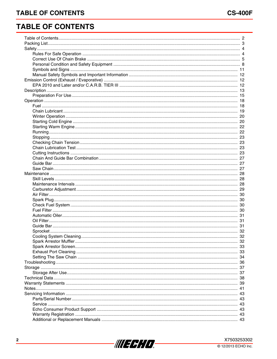 Echo CS-400F User Manual | Page 2 / 44