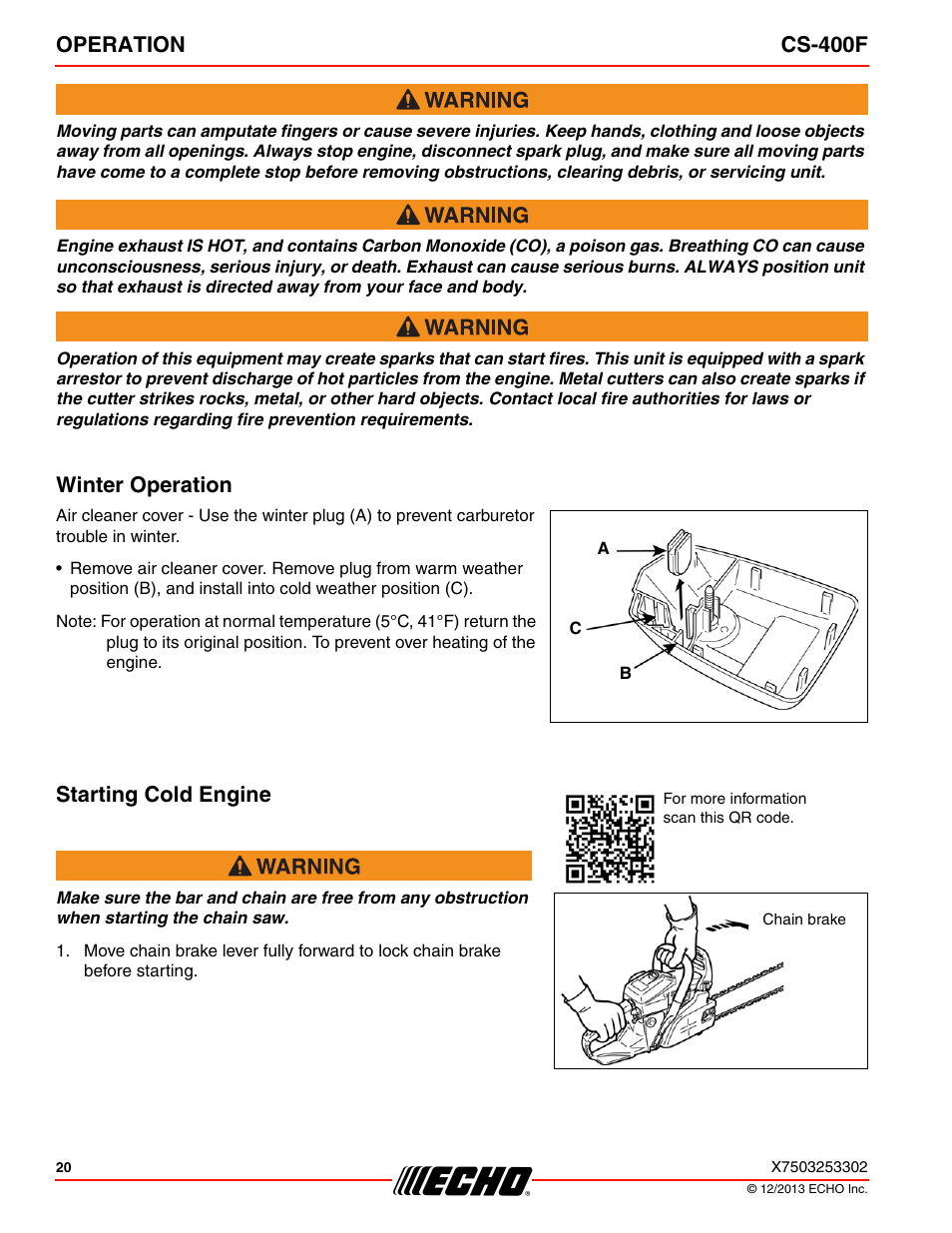 Operation cs-400f, Winter operation, Starting cold engine | Echo CS-400F User Manual | Page 20 / 44