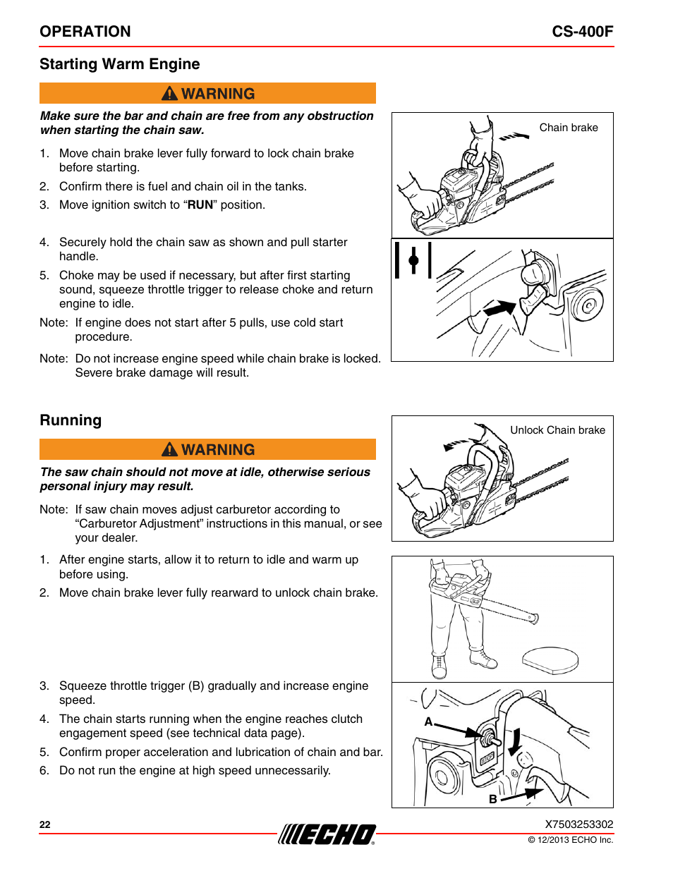 Operation cs-400f starting warm engine, Running | Echo CS-400F User Manual | Page 22 / 44