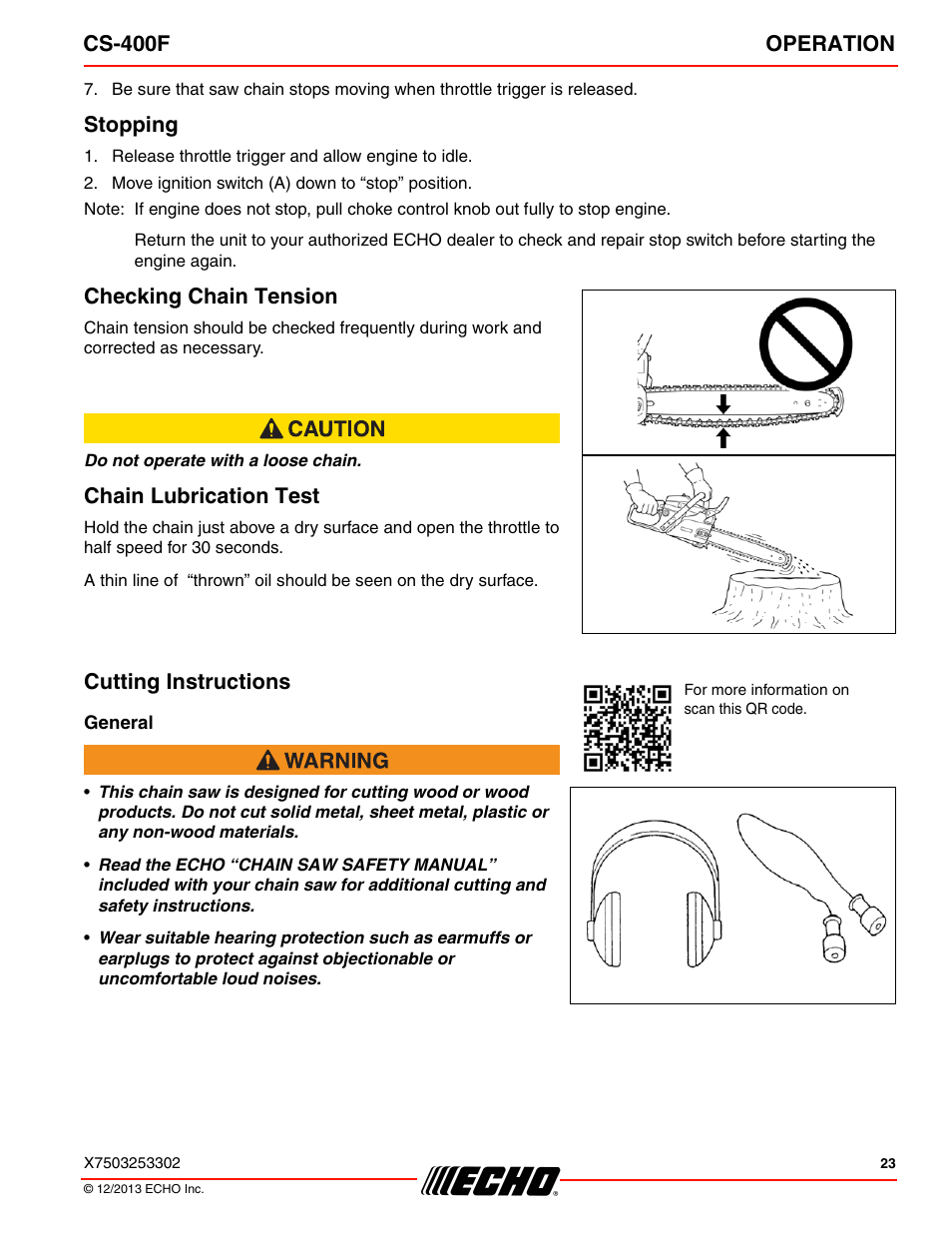 Cs-400f operation, Stopping, Checking chain tension | Chain lubrication test, Cutting instructions | Echo CS-400F User Manual | Page 23 / 44