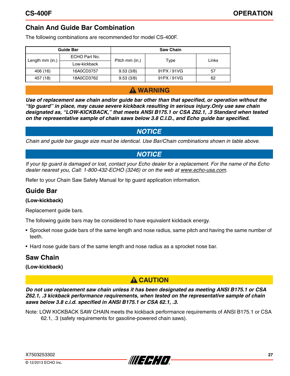 Cs-400f operation, Chain and guide bar combination, Guide bar | Saw chain | Echo CS-400F User Manual | Page 27 / 44