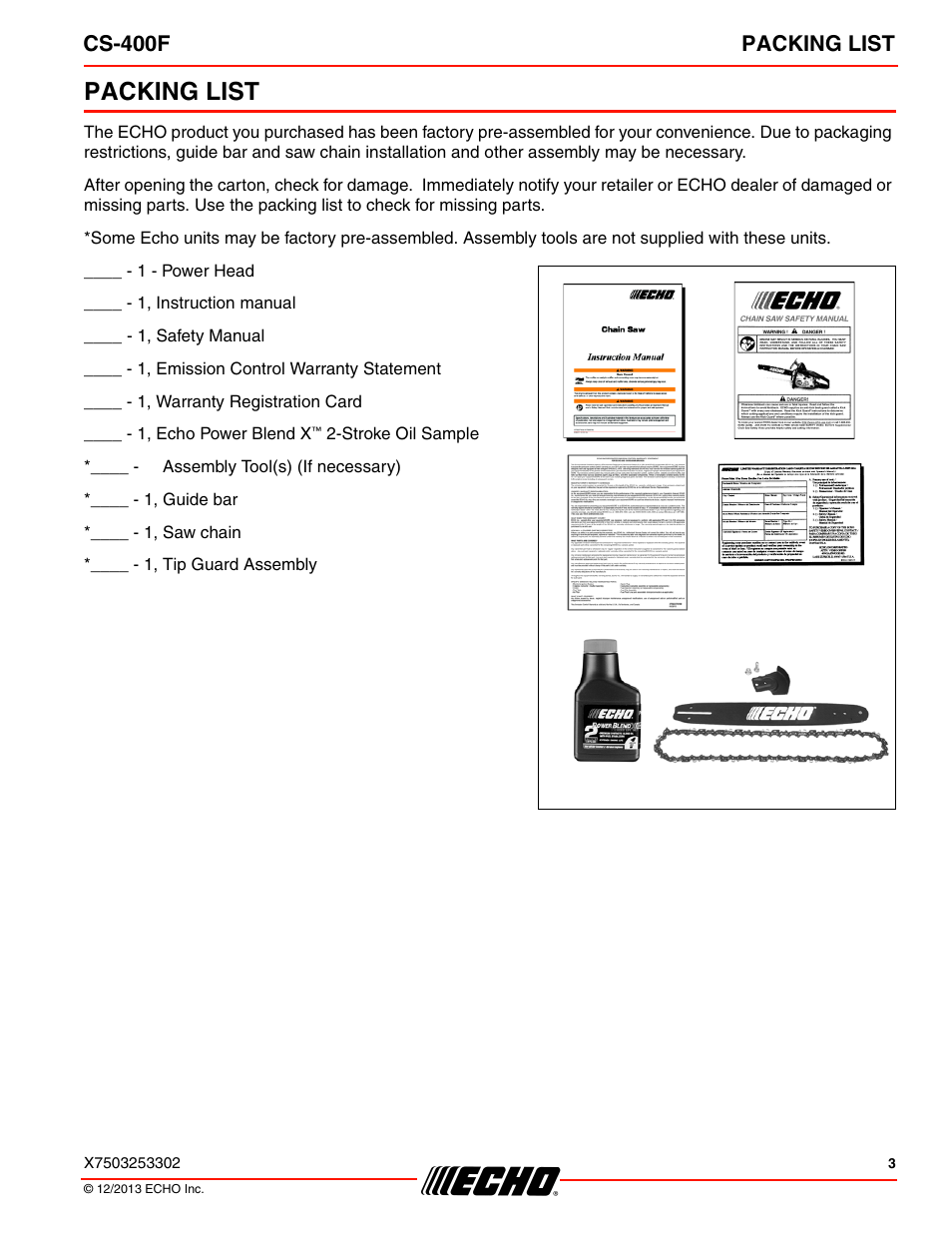 Packing list, Cs-400f packing list | Echo CS-400F User Manual | Page 3 / 44