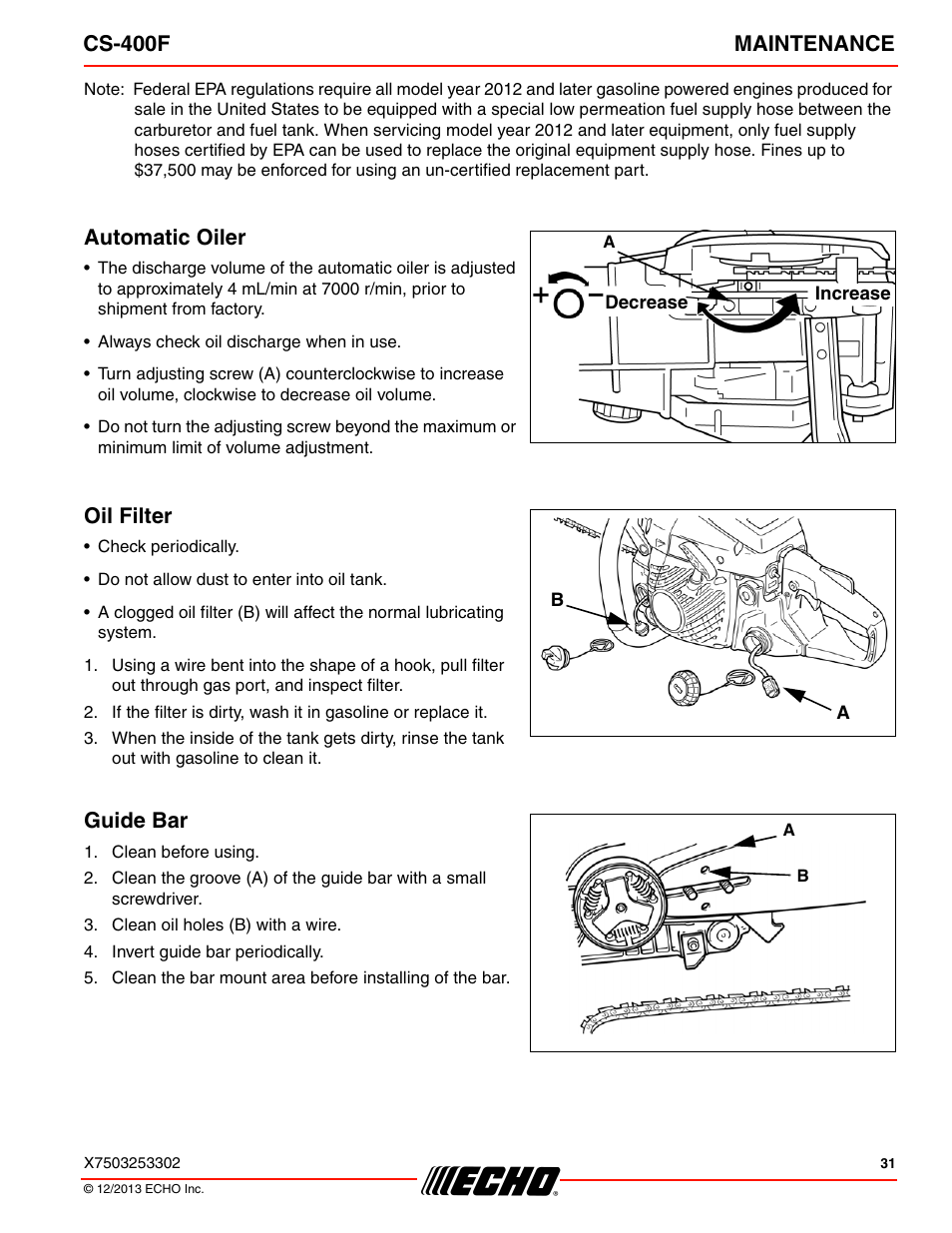 Cs-400f maintenance, Automatic oiler, Oil filter | Guide bar | Echo CS-400F User Manual | Page 31 / 44