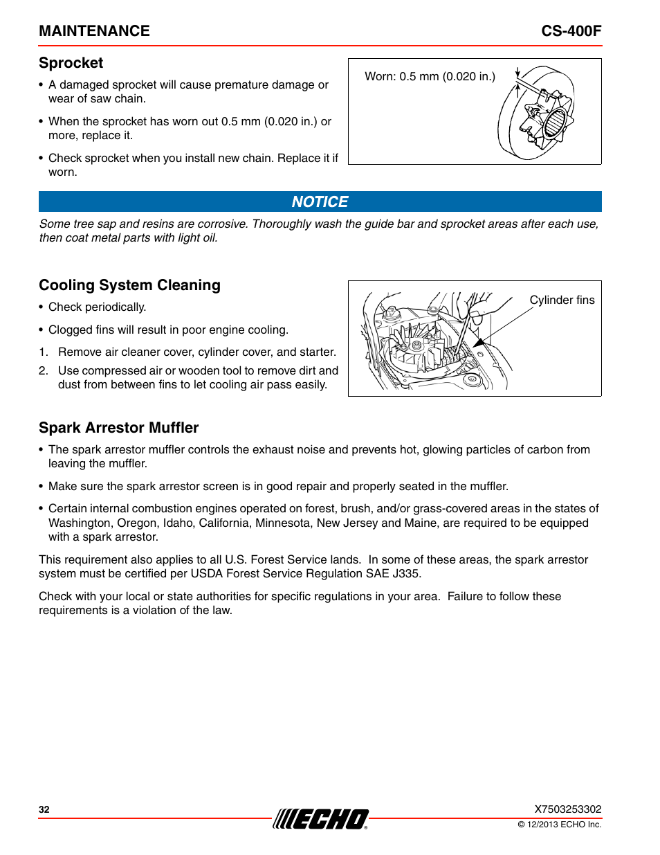 Maintenance cs-400f sprocket, Cooling system cleaning, Spark arrestor muffler | Echo CS-400F User Manual | Page 32 / 44