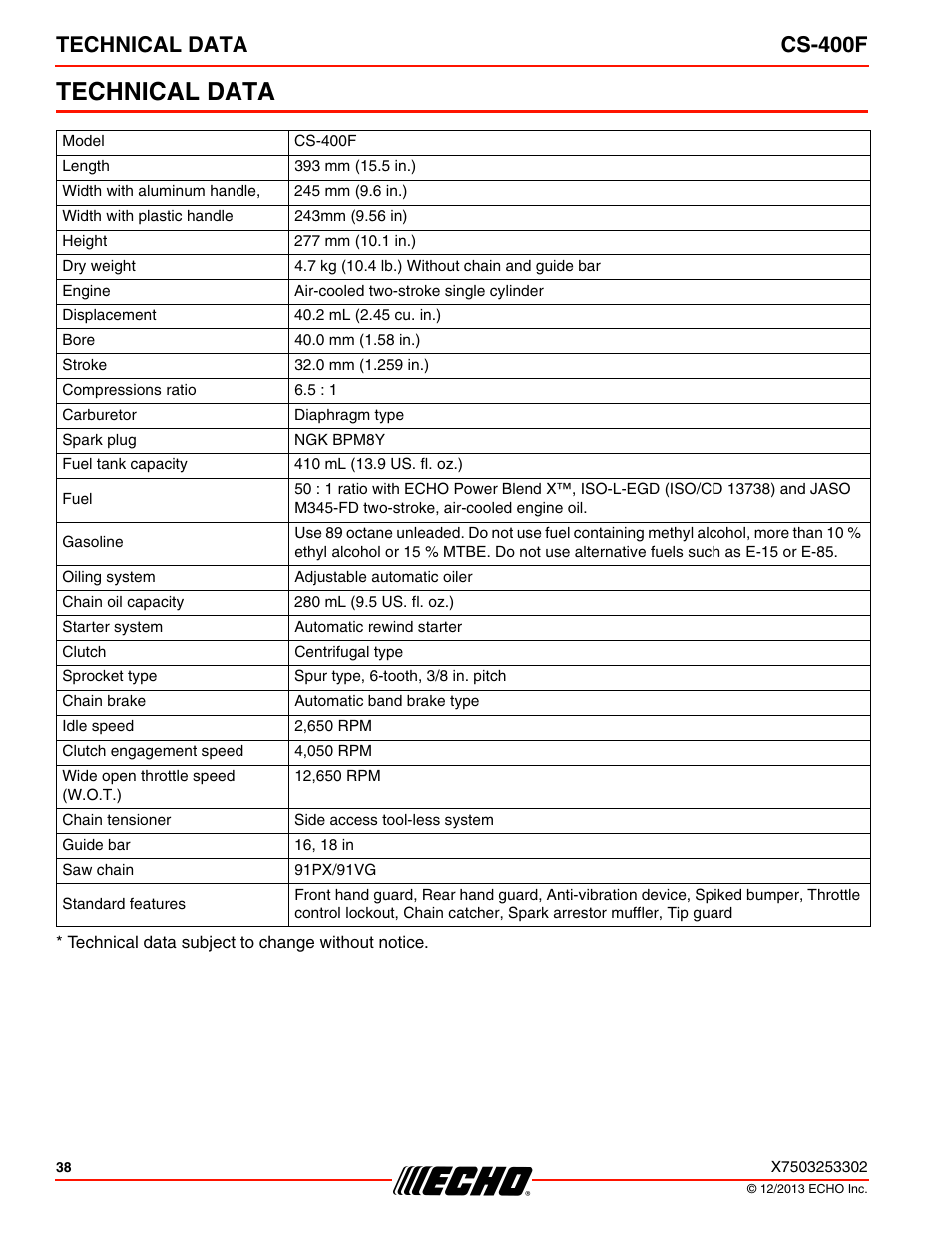 Technical data, Technical data cs-400f | Echo CS-400F User Manual | Page 38 / 44