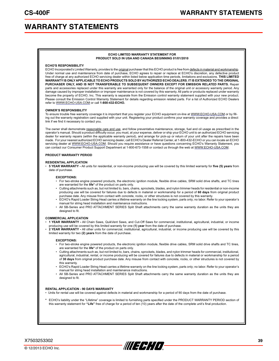 Warranty statements, Cs-400f warranty statements | Echo CS-400F User Manual | Page 39 / 44