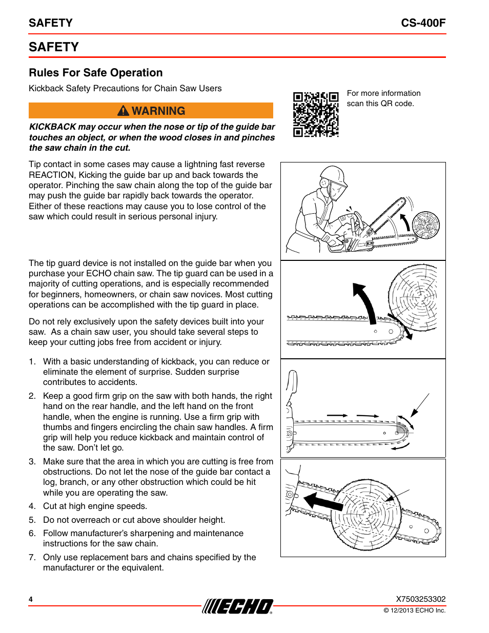 Safety, Safety cs-400f, Rules for safe operation | Echo CS-400F User Manual | Page 4 / 44