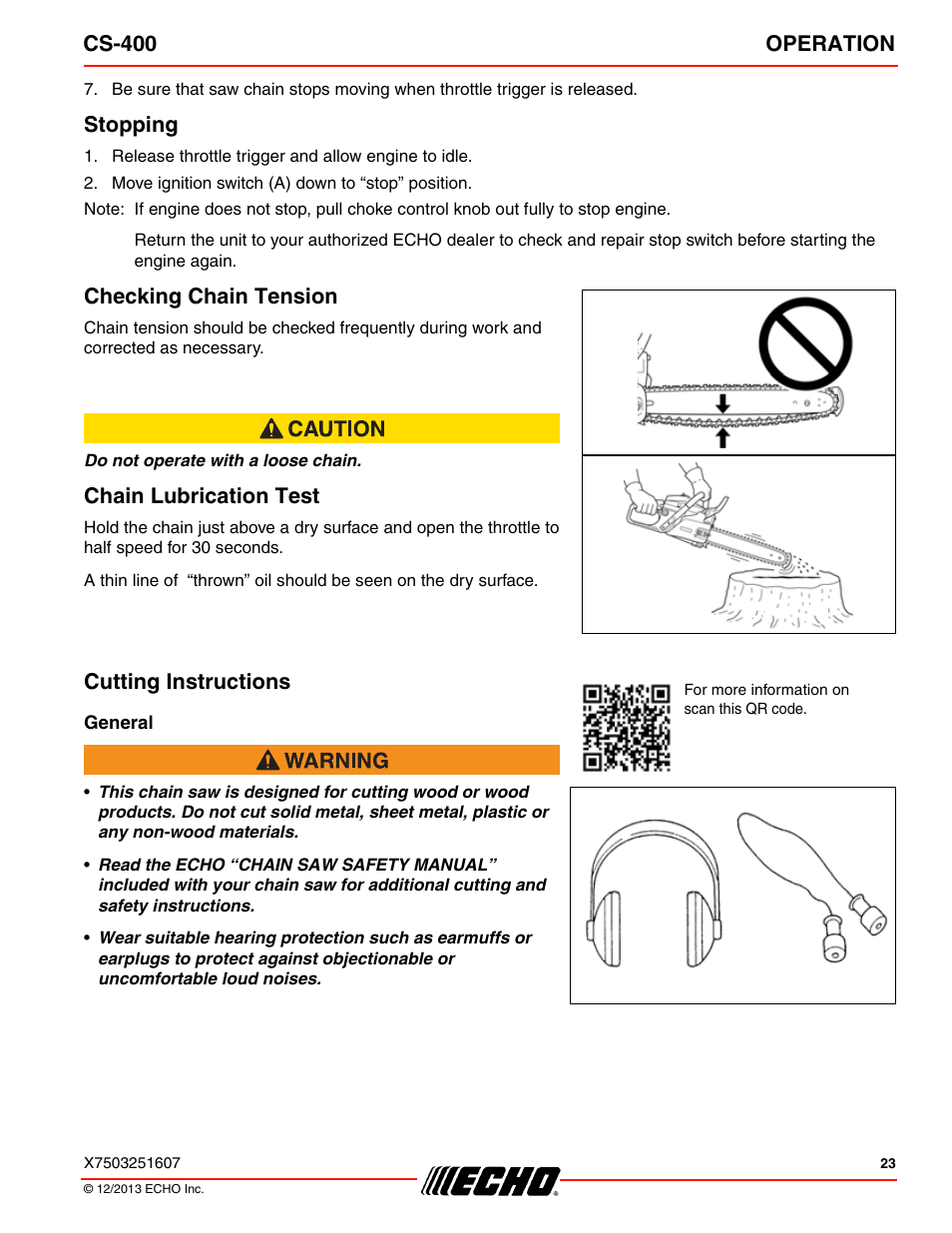 Cs-400 operation, Stopping, Checking chain tension | Chain lubrication test, Cutting instructions | Echo CS-400 User Manual | Page 23 / 44