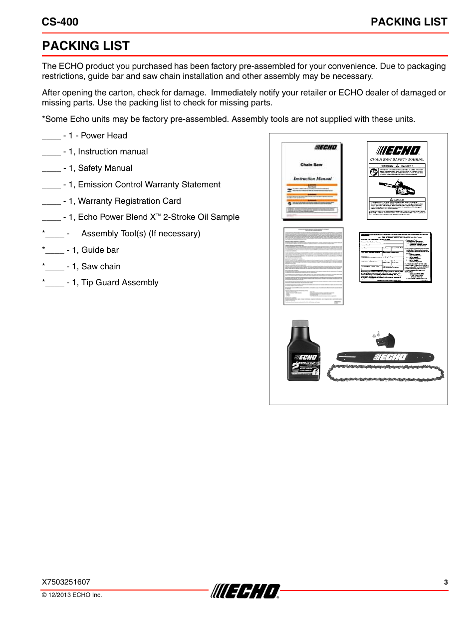 Packing list, Cs-400 packing list | Echo CS-400 User Manual | Page 3 / 44