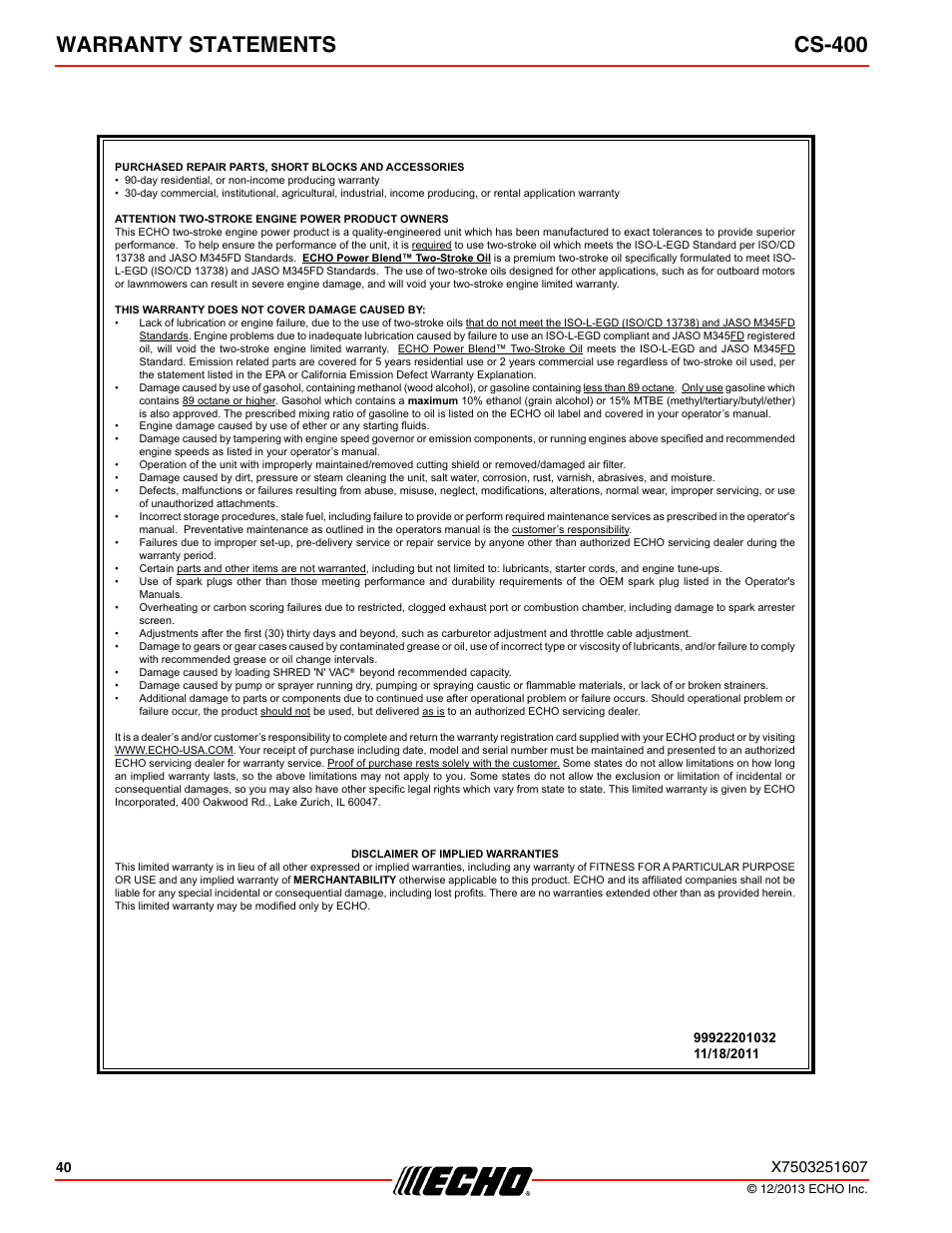 Warranty statements cs-400 | Echo CS-400 User Manual | Page 40 / 44