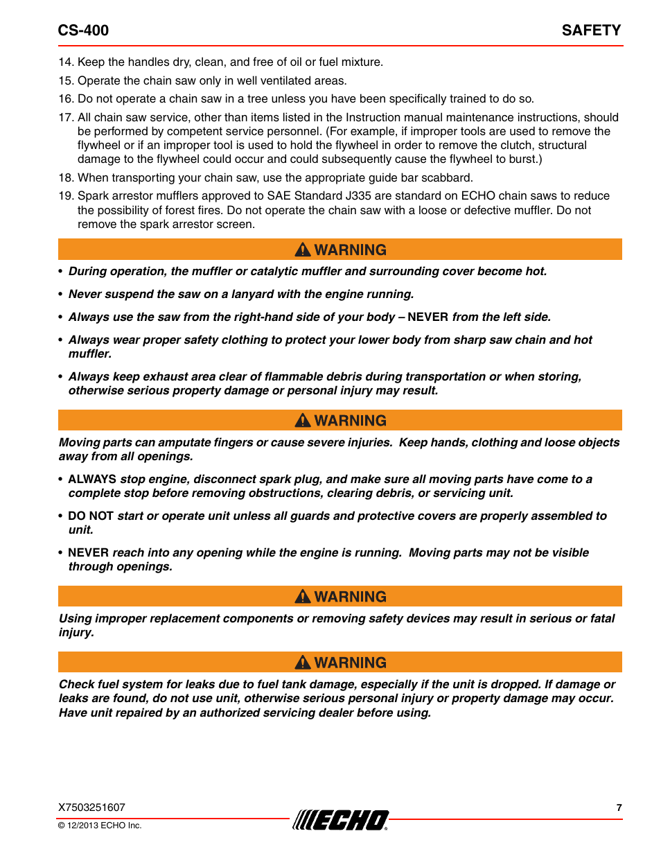 Cs-400 safety | Echo CS-400 User Manual | Page 7 / 44