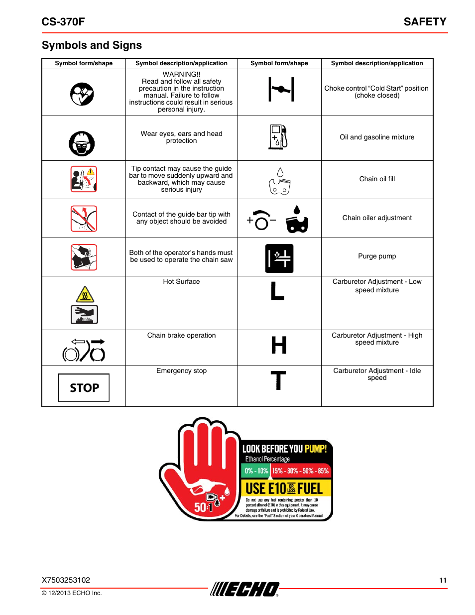 Symbols and signs, Cs-370f safety | Echo CS-370F User Manual | Page 11 / 44