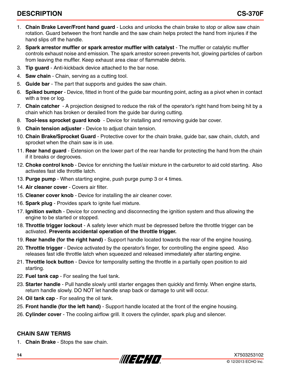 Description cs-370f | Echo CS-370F User Manual | Page 14 / 44