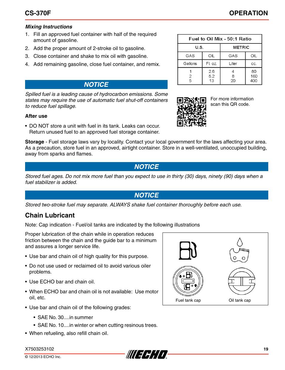 Chain lubricant, Cs-370f operation | Echo CS-370F User Manual | Page 19 / 44