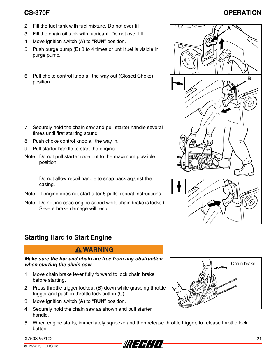 Starting hard to start engine, Cs-370f operation | Echo CS-370F User Manual | Page 21 / 44