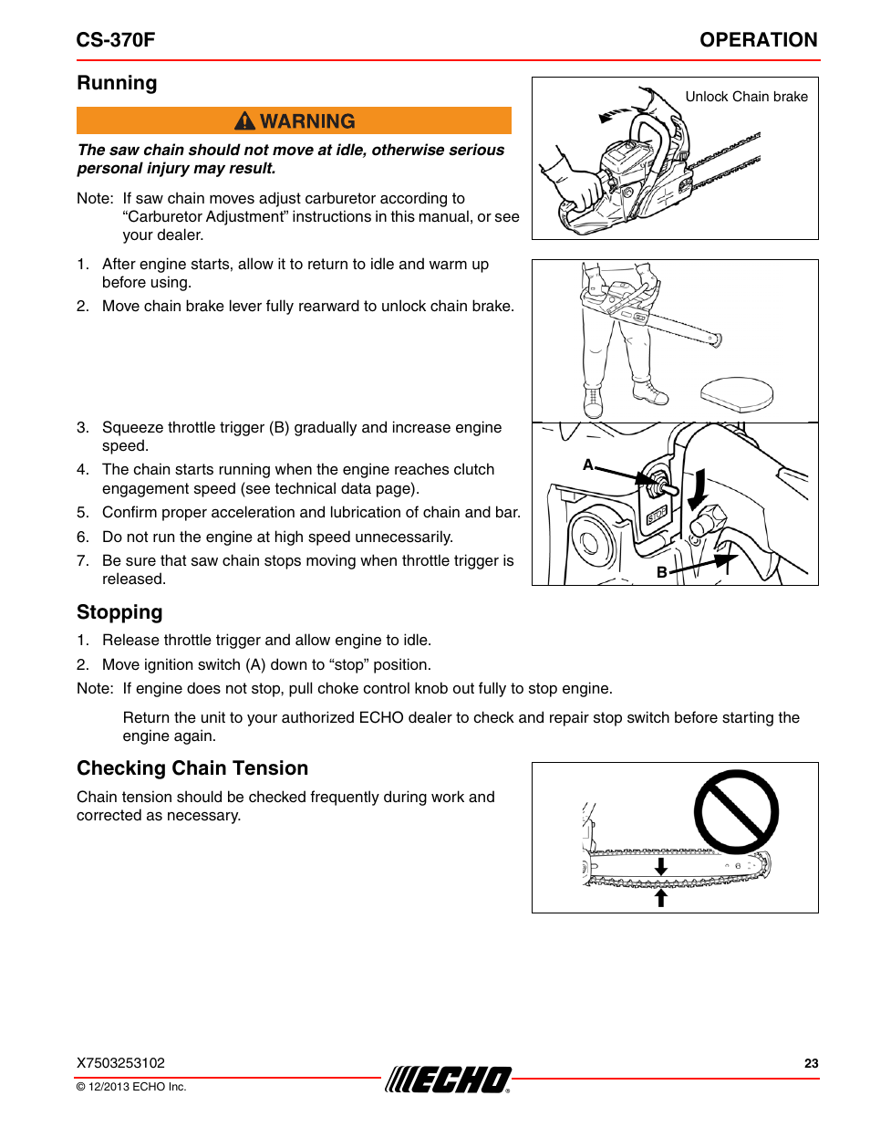 Running stopping checking chain tension, Cs-370f operation, Running | Stopping, Checking chain tension | Echo CS-370F User Manual | Page 23 / 44