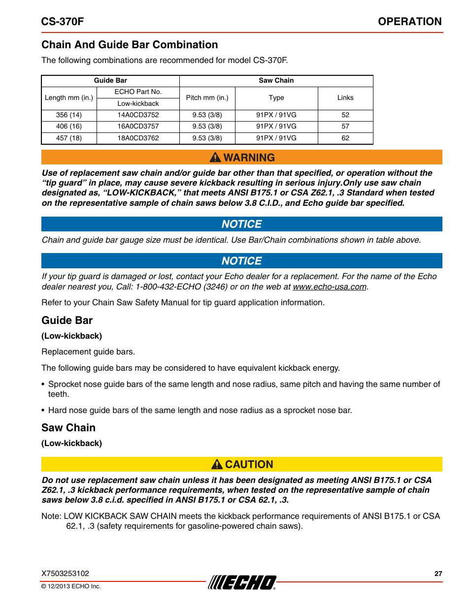 Cs-370f operation, Chain and guide bar combination, Guide bar | Saw chain | Echo CS-370F User Manual | Page 27 / 44