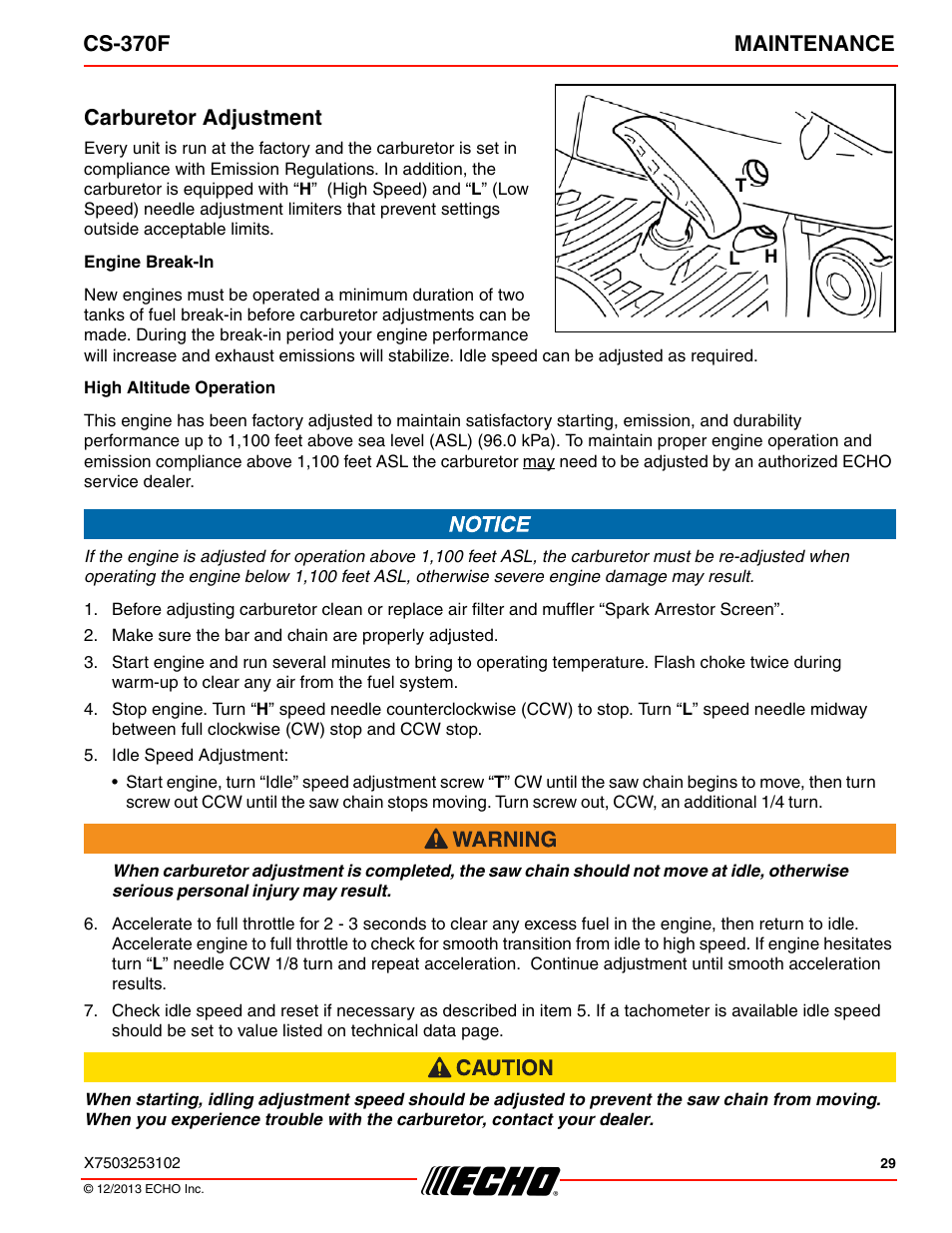 Carburetor adjustment, Cs-370f maintenance | Echo CS-370F User Manual | Page 29 / 44
