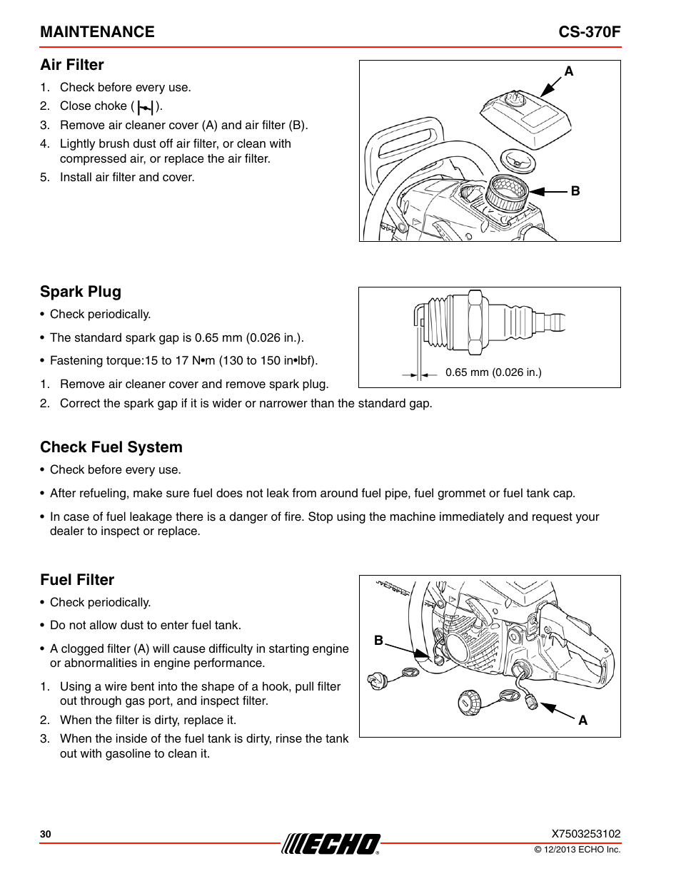 Maintenance cs-370f air filter, Spark plug, Check fuel system | Fuel filter | Echo CS-370F User Manual | Page 30 / 44