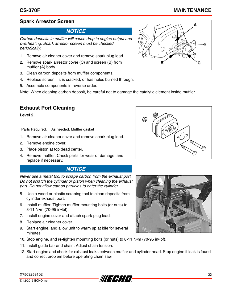 Spark arrestor screen exhaust port cleaning, Cs-370f maintenance, Spark arrestor screen | Exhaust port cleaning | Echo CS-370F User Manual | Page 33 / 44