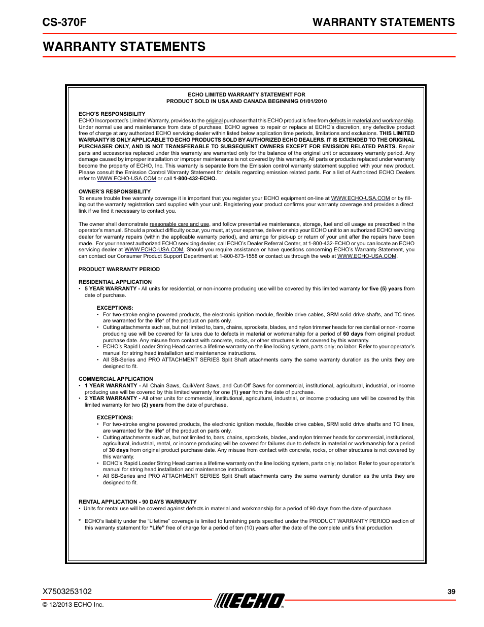 Warranty statements, Cs-370f warranty statements | Echo CS-370F User Manual | Page 39 / 44