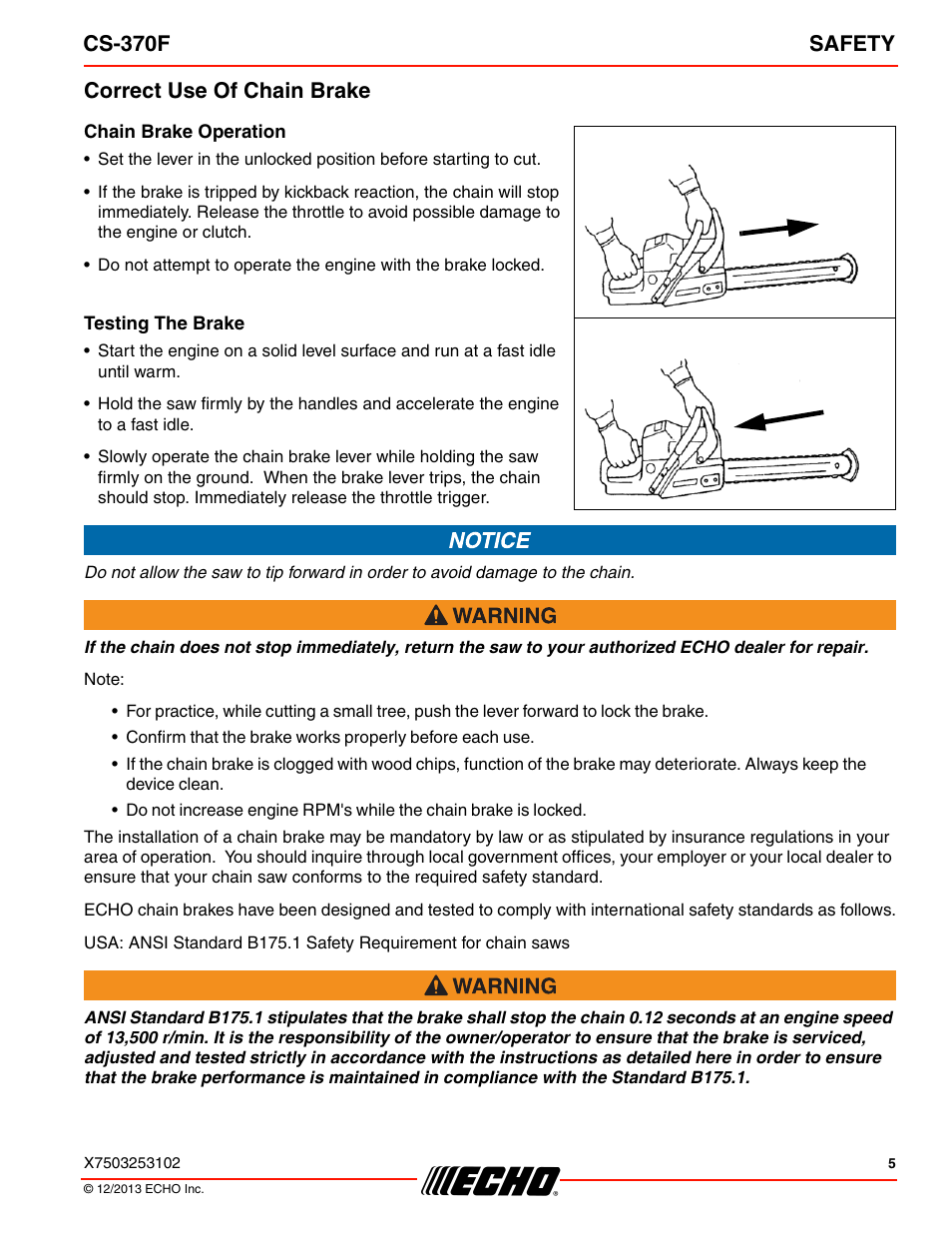 Correct use of chain brake, Cs-370f safety | Echo CS-370F User Manual | Page 5 / 44