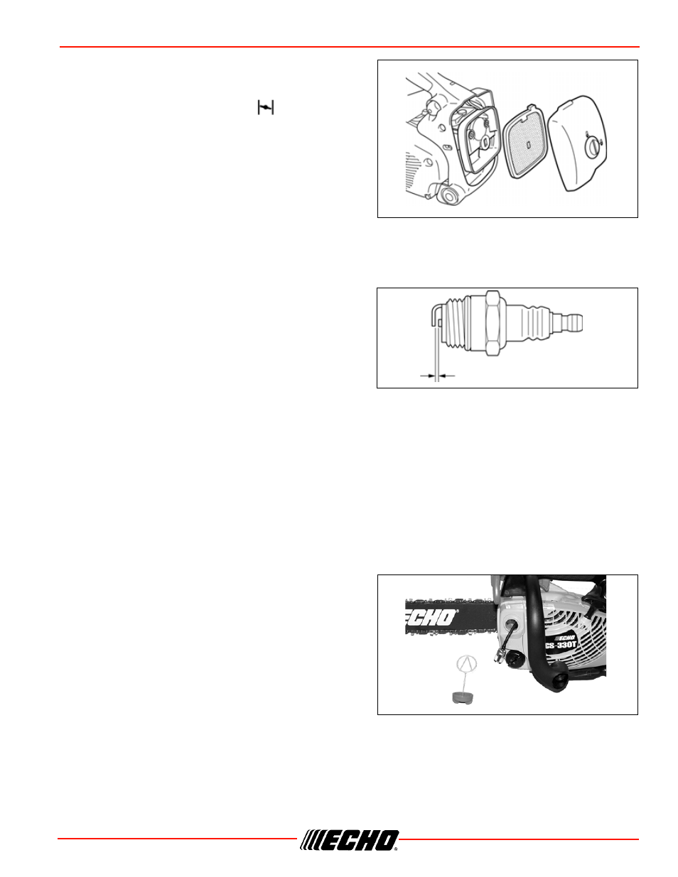 Cs-330t maintenance, Air filter, Spark plug | Check fuel system, Fuel filter | Echo CS-330T Serial C04212001001 - C04212999999 User Manual | Page 29 / 48