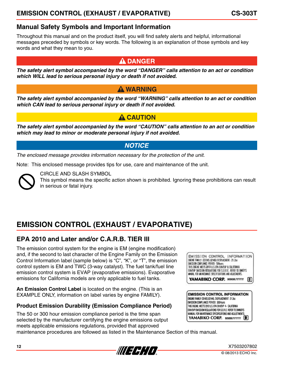 Manual safety symbols and important information, Emission control (exhaust / evaporative), Epa 2010 and later and/or c.a.r.b. tier iii | Echo CS-303T User Manual | Page 12 / 44