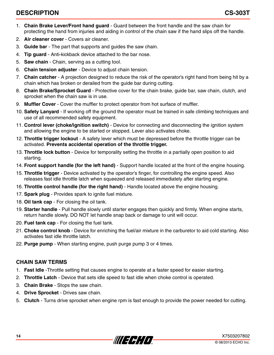 Description cs-303t | Echo CS-303T User Manual | Page 14 / 44