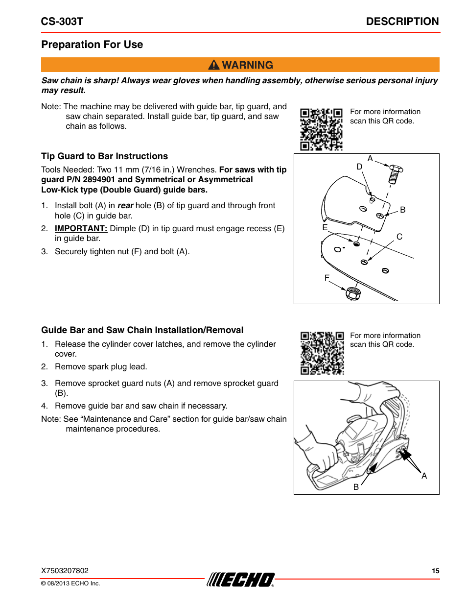 Preparation for use, Cs-303t description | Echo CS-303T User Manual | Page 15 / 44