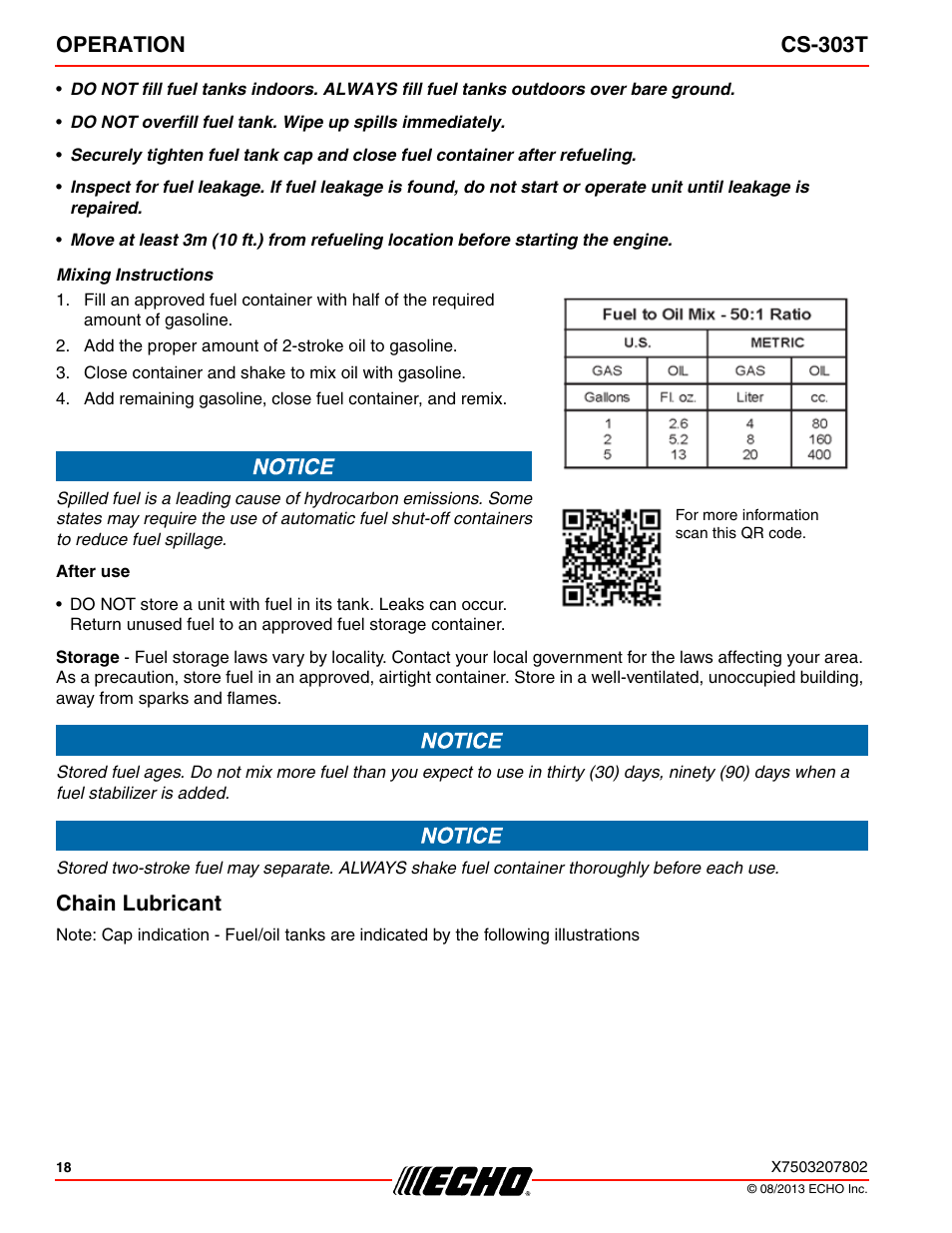 Chain lubricant, Operation cs-303t | Echo CS-303T User Manual | Page 18 / 44