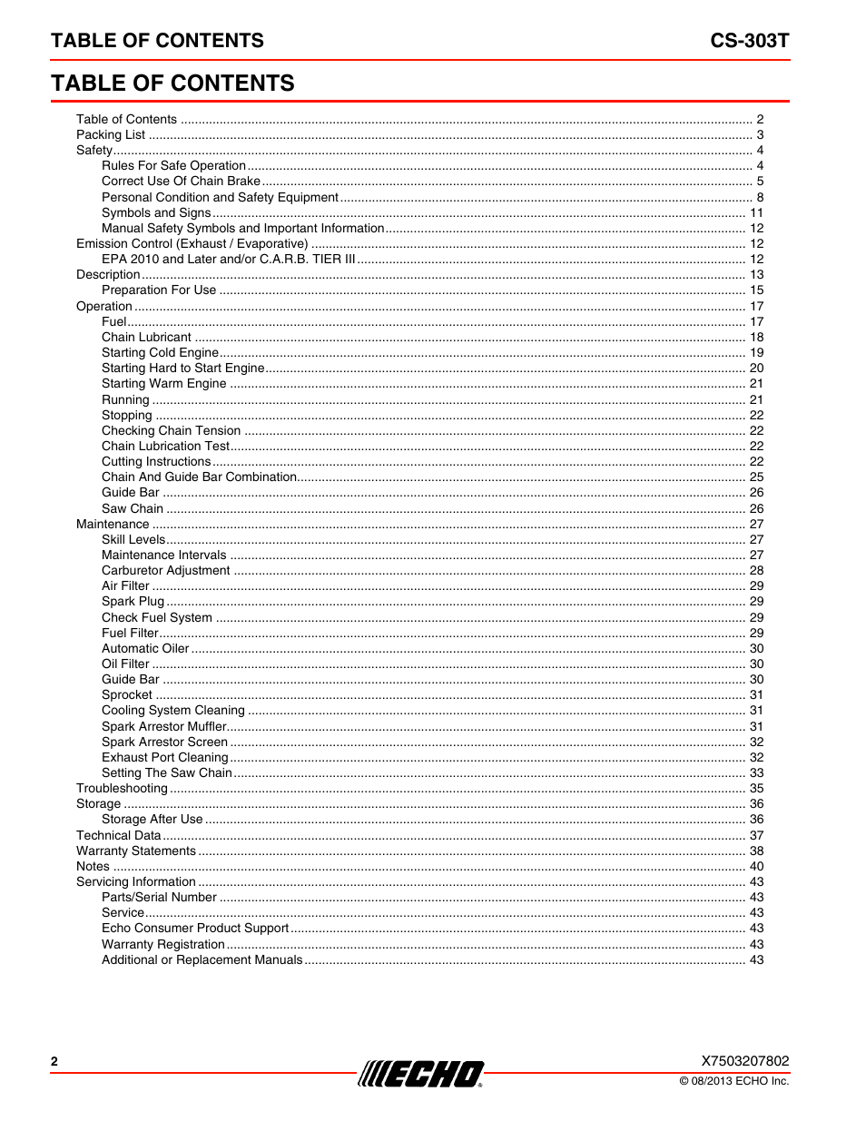 Echo CS-303T User Manual | Page 2 / 44