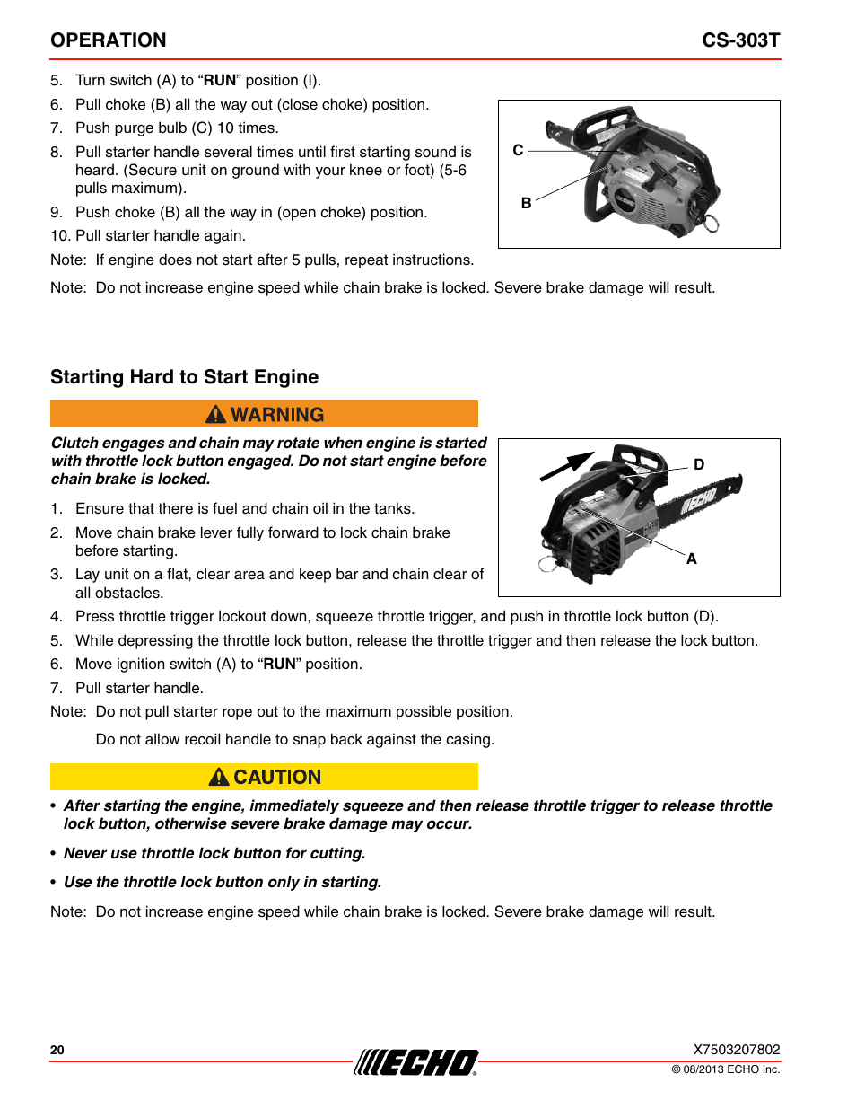 Starting hard to start engine, Operation cs-303t | Echo CS-303T User Manual | Page 20 / 44