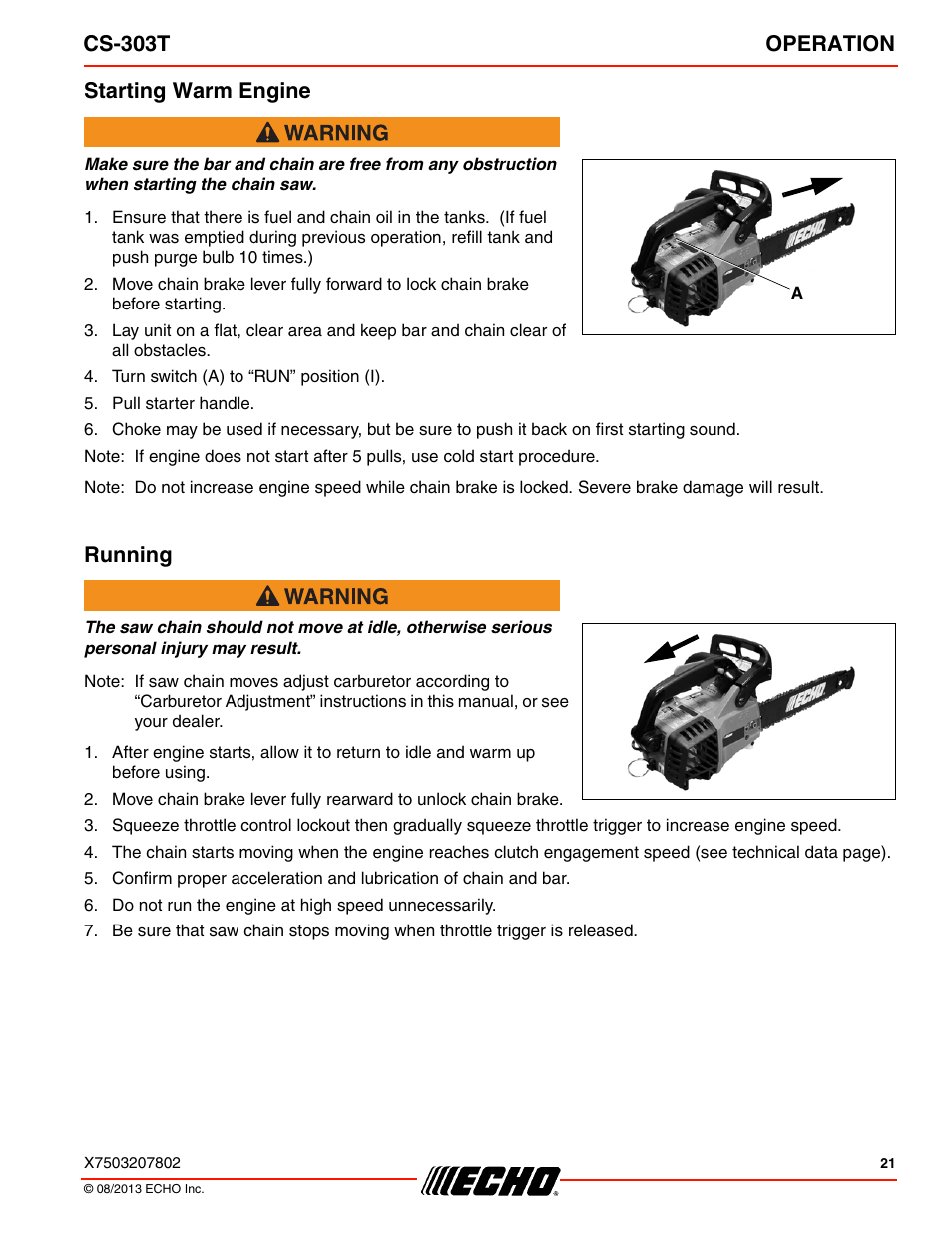 Starting warm engine running, Cs-303t operation, Starting warm engine | Running | Echo CS-303T User Manual | Page 21 / 44