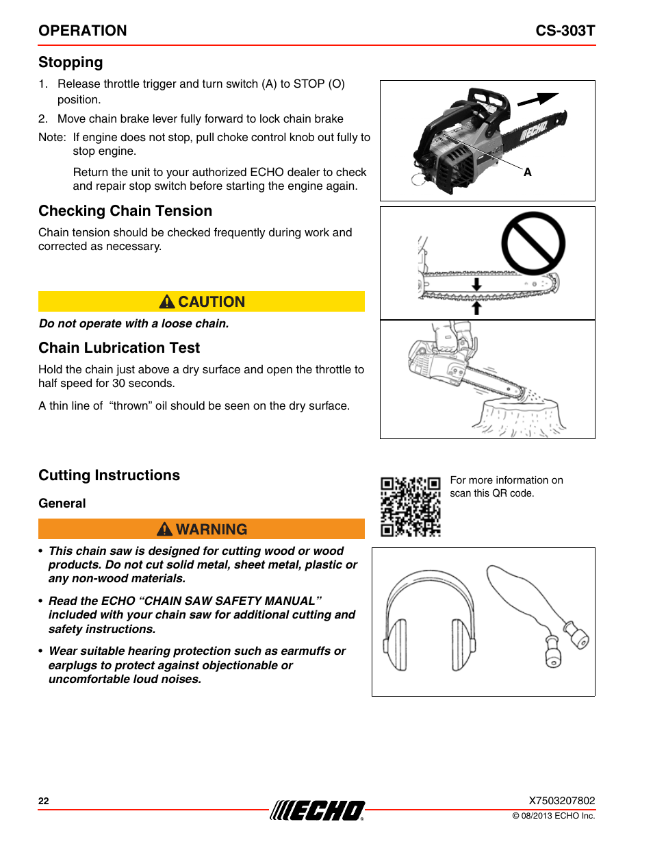 Operation cs-303t stopping, Checking chain tension, Chain lubrication test | Cutting instructions | Echo CS-303T User Manual | Page 22 / 44