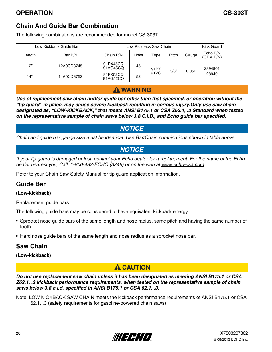 Guide bar saw chain, Operation cs-303t chain and guide bar combination, Guide bar | Saw chain | Echo CS-303T User Manual | Page 26 / 44