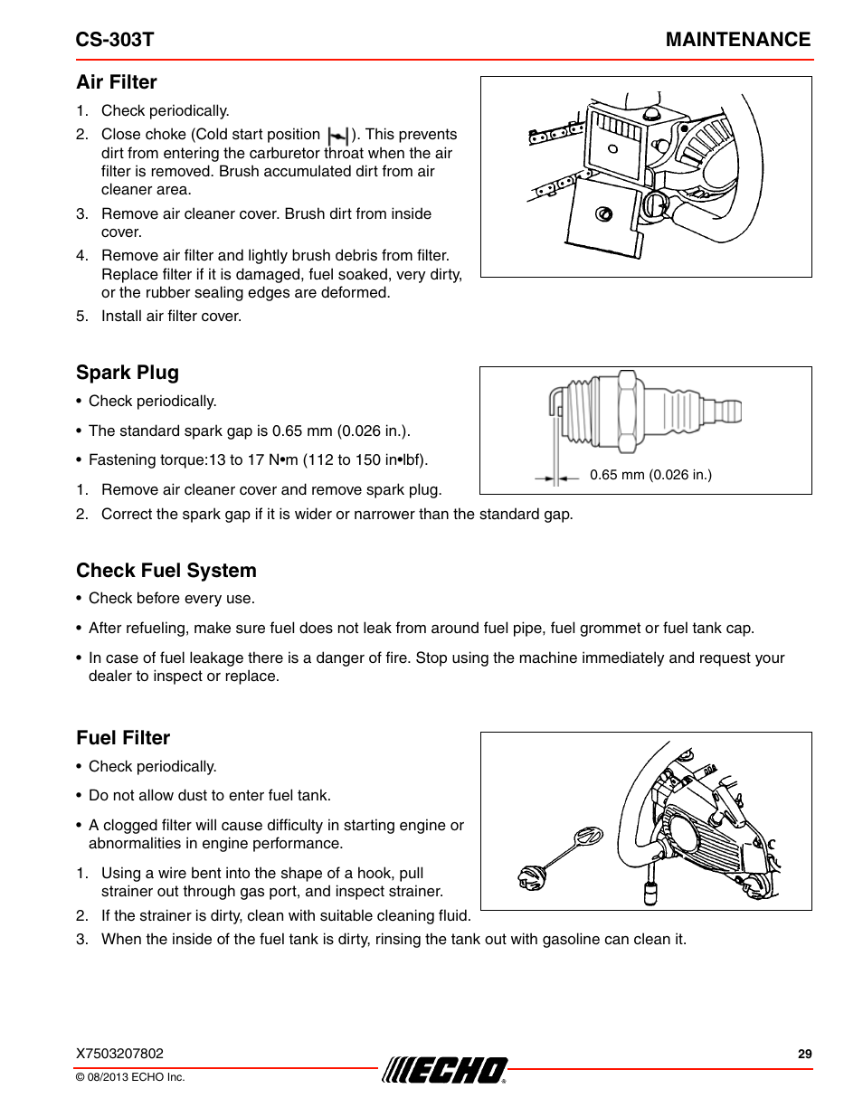 Cs-303t maintenance, Air filter, Spark plug | Check fuel system, Fuel filter | Echo CS-303T User Manual | Page 29 / 44