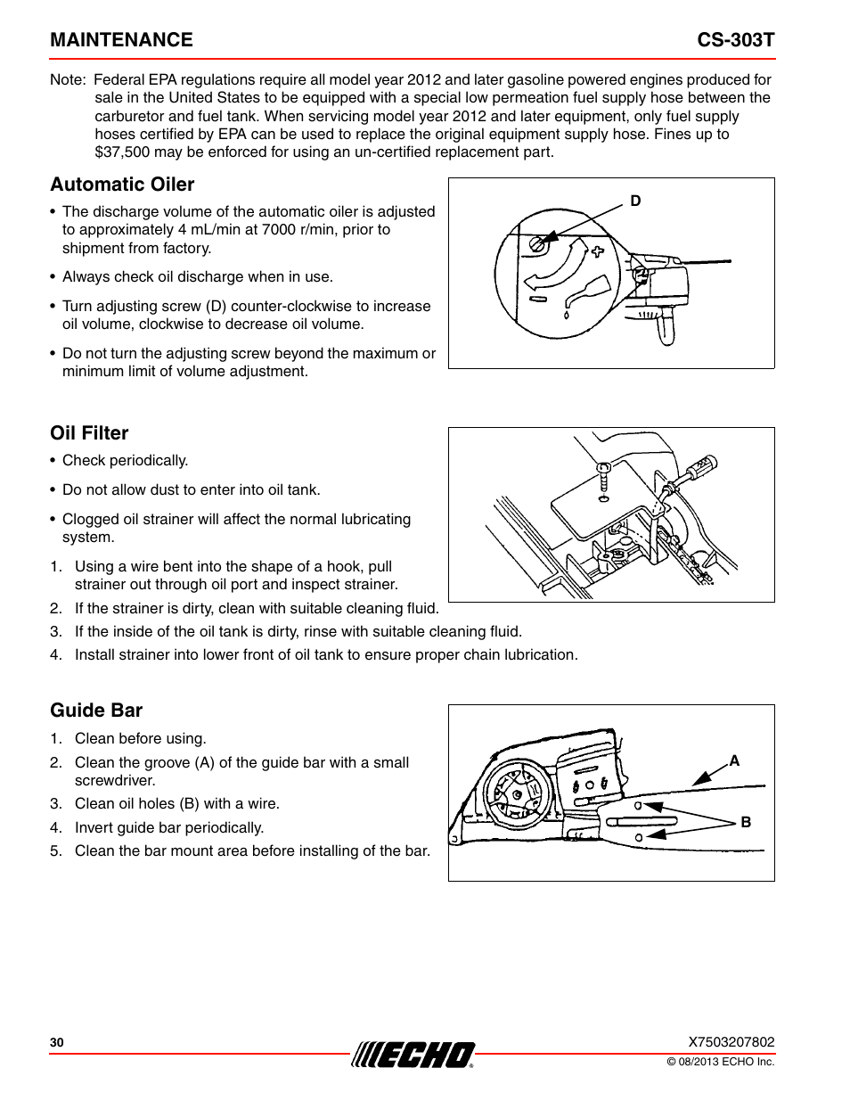 Automatic oiler oil filter guide bar, Maintenance cs-303t, Automatic oiler | Oil filter, Guide bar | Echo CS-303T User Manual | Page 30 / 44