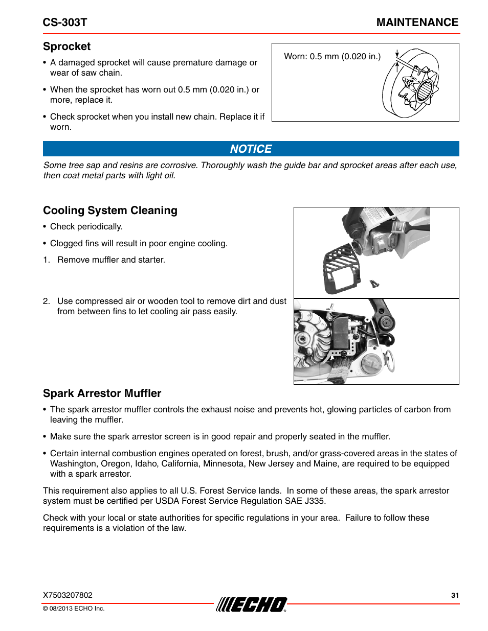 Cs-303t maintenance, Sprocket, Cooling system cleaning | Spark arrestor muffler | Echo CS-303T User Manual | Page 31 / 44