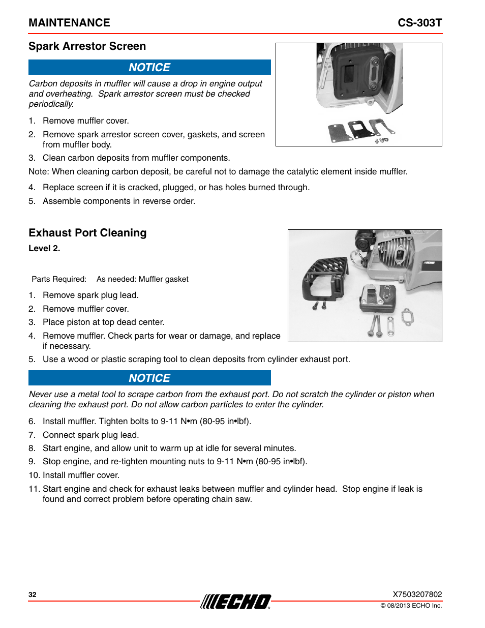 Spark arrestor screen exhaust port cleaning, Maintenance cs-303t spark arrestor screen, Exhaust port cleaning | Echo CS-303T User Manual | Page 32 / 44