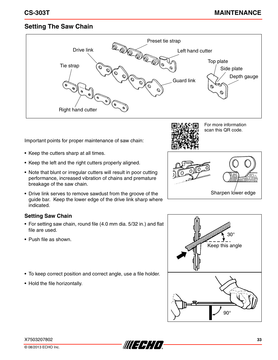 Setting the saw chain, Cs-303t maintenance | Echo CS-303T User Manual | Page 33 / 44