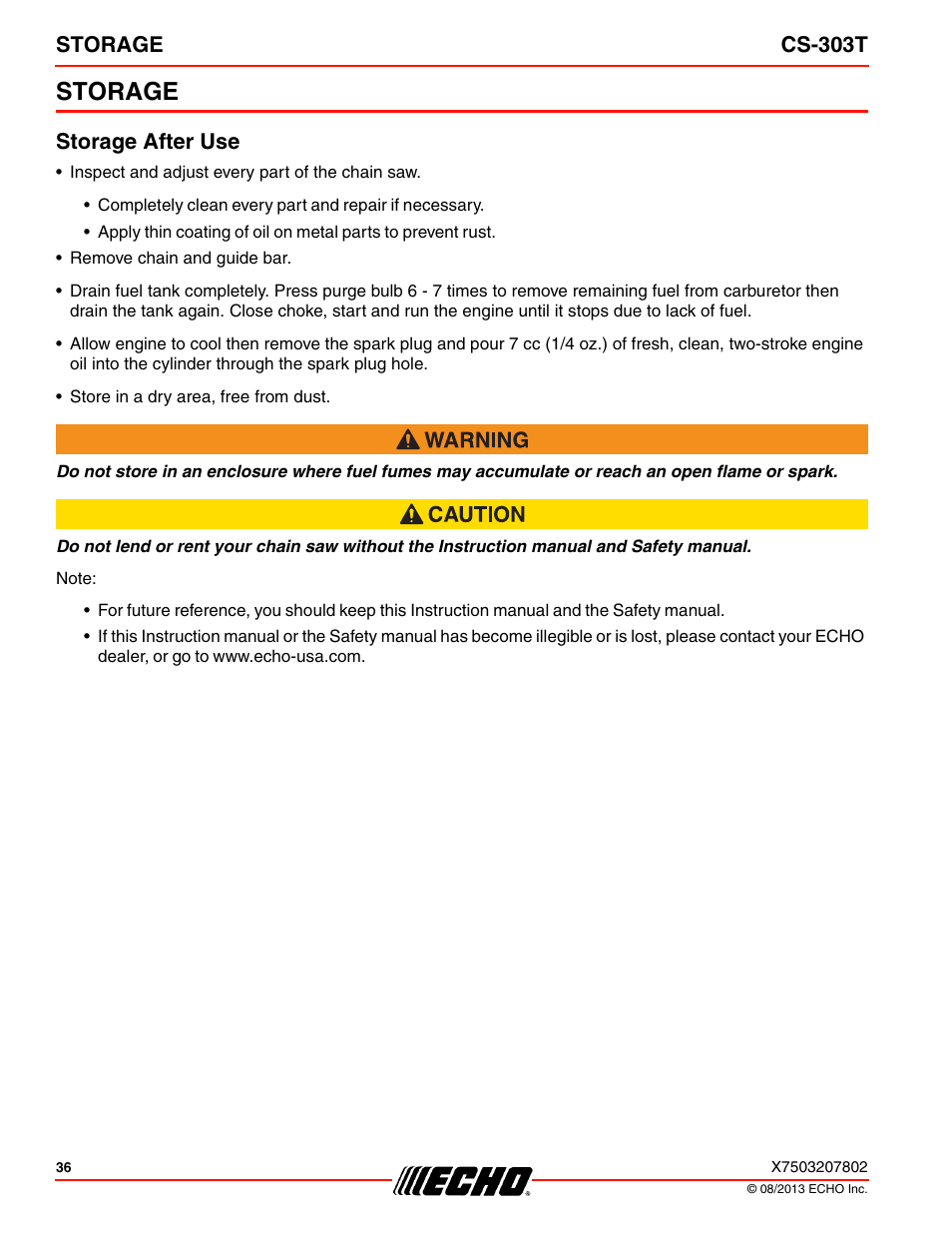 Storage, Storage after use, Storage cs-303t | Echo CS-303T User Manual | Page 36 / 44