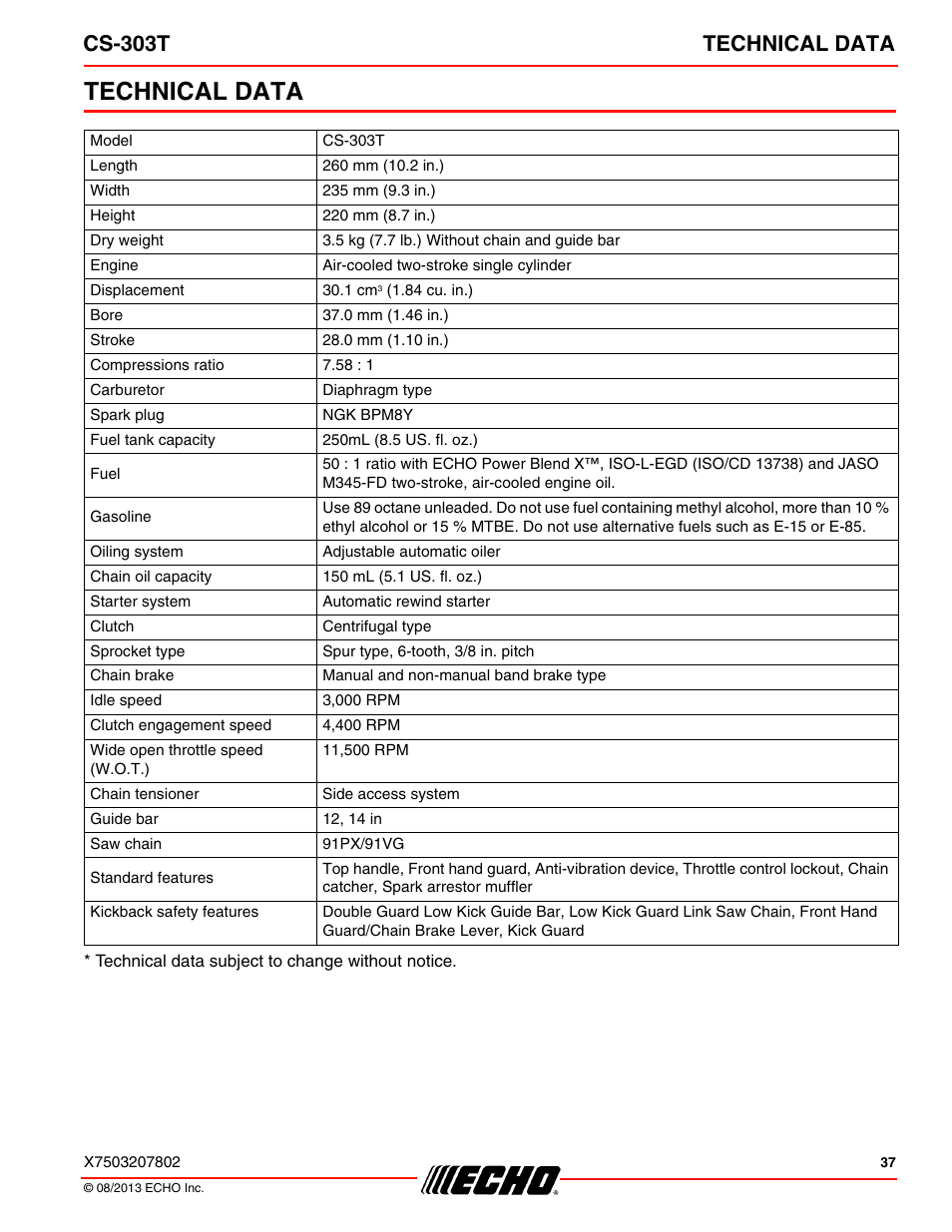 Technical data, Cs-303t technical data | Echo CS-303T User Manual | Page 37 / 44