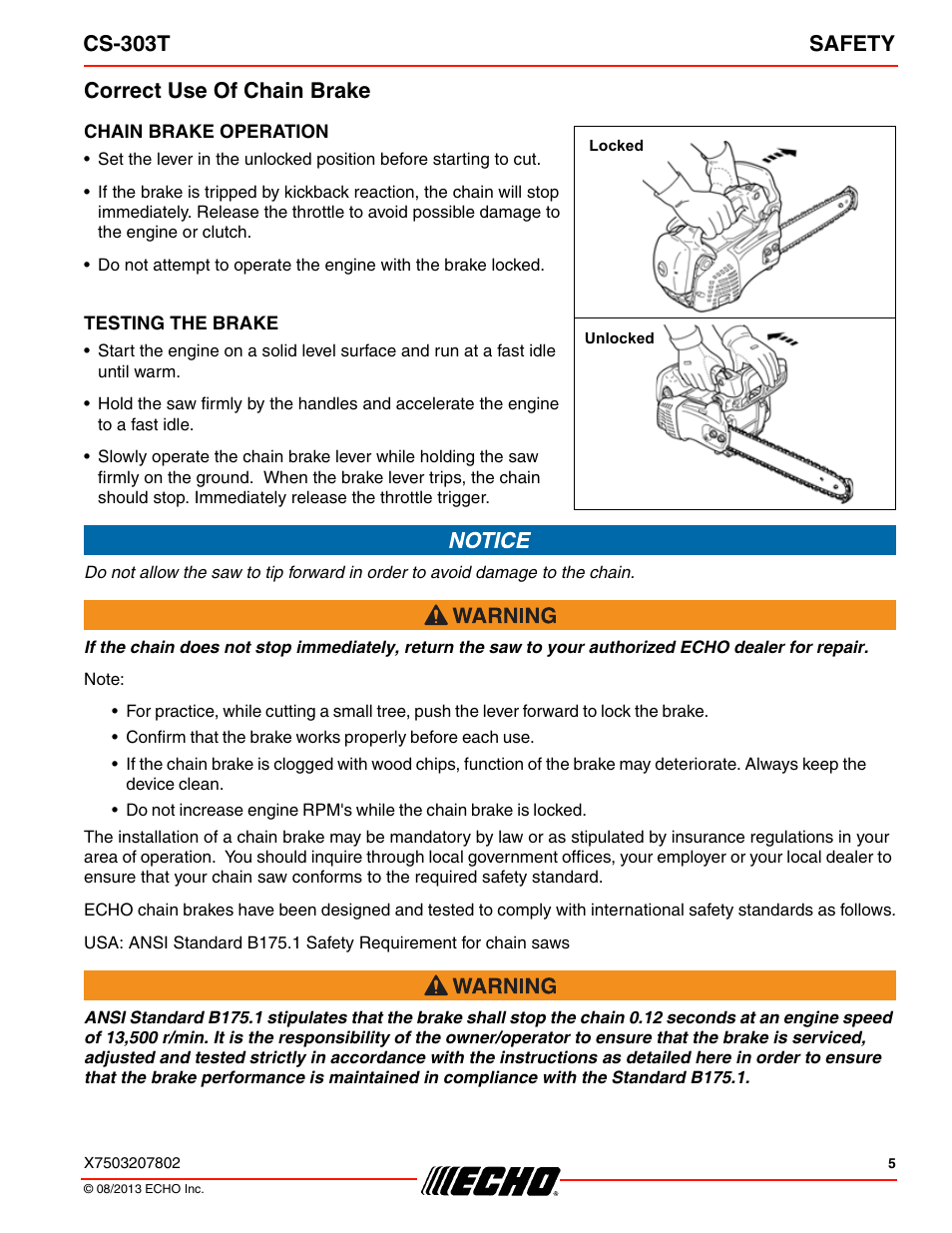 Correct use of chain brake, Cs-303t safety | Echo CS-303T User Manual | Page 5 / 44