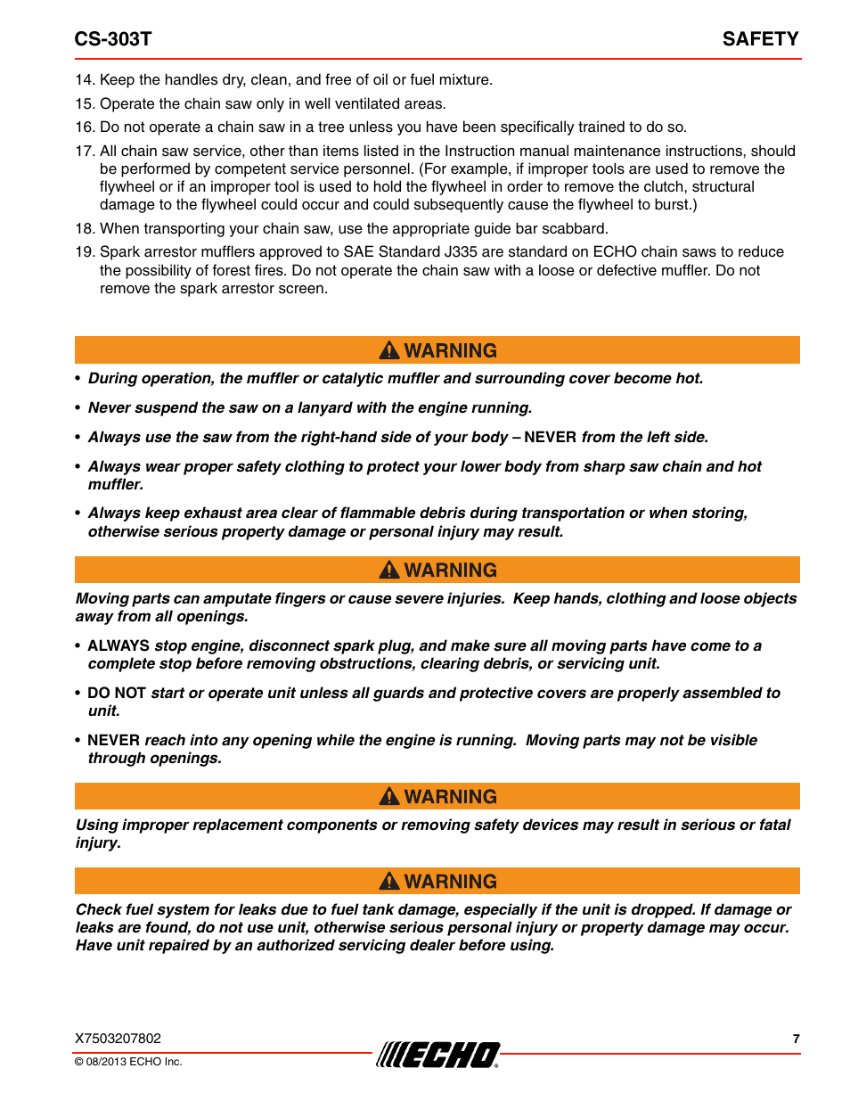 Cs-303t safety | Echo CS-303T User Manual | Page 7 / 44
