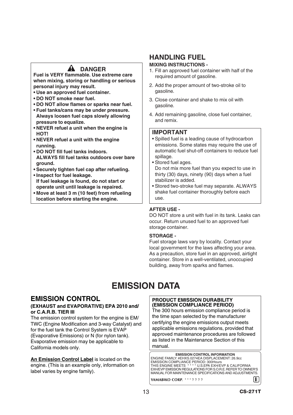 Emission data, Handling fuel, Emission control | Echo CS-271T C21112001001 - C21112999999 User Manual | Page 15 / 36