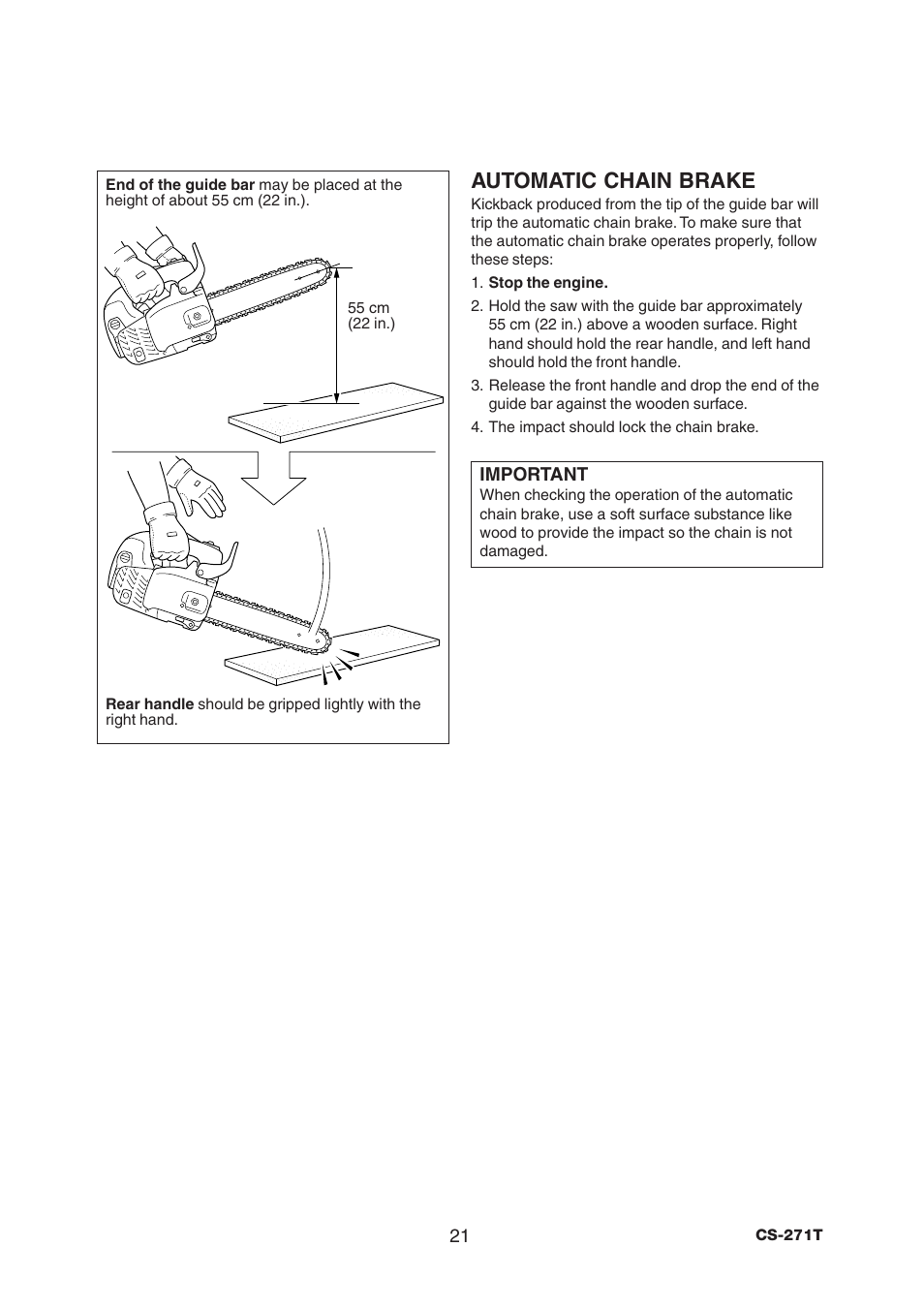 Automatic chain brake | Echo CS-271T C21112001001 - C21112999999 User Manual | Page 23 / 36