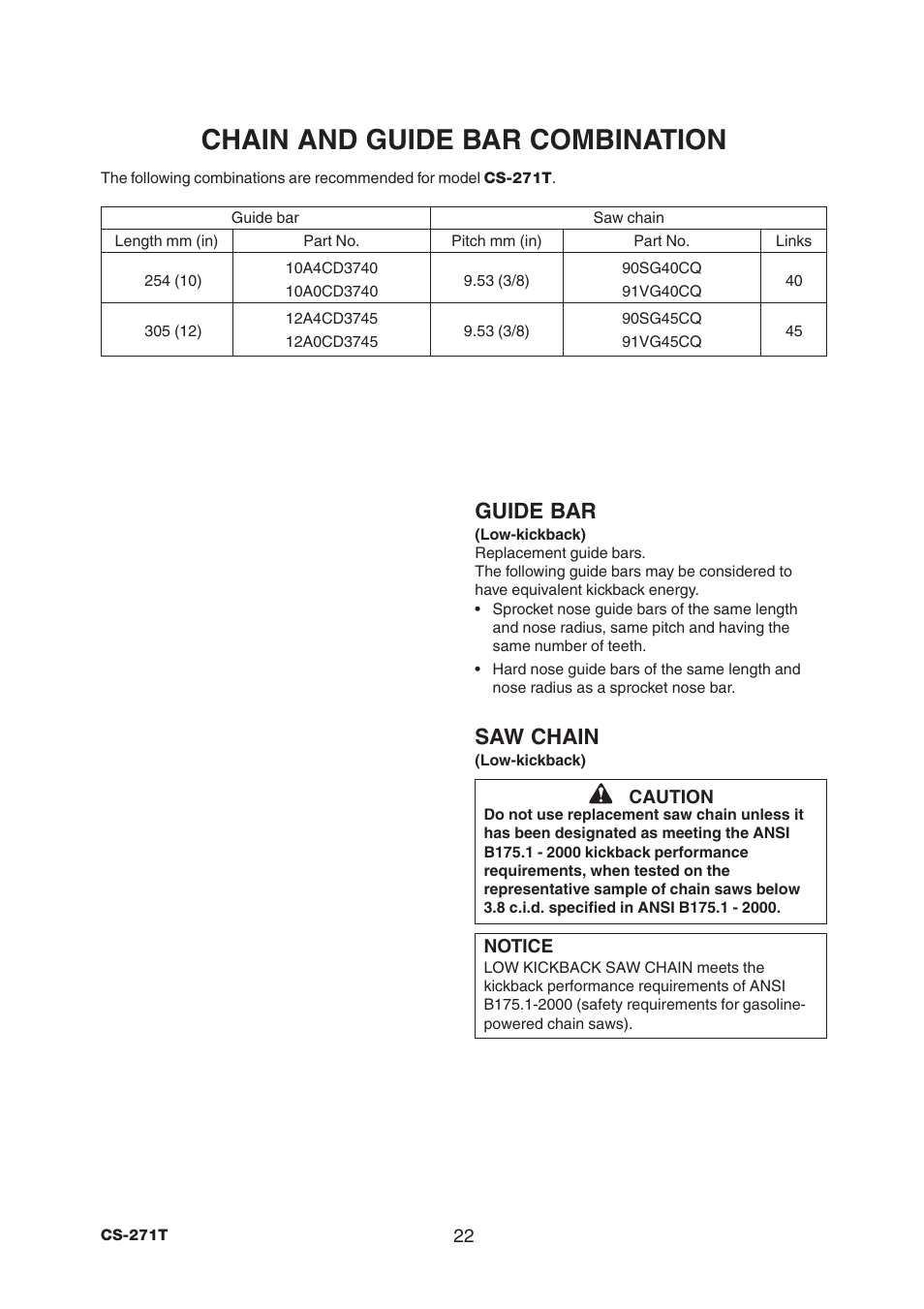 Chain and guide bar combination, Guide bar, Saw chain | Echo CS-271T C21112001001 - C21112999999 User Manual | Page 24 / 36